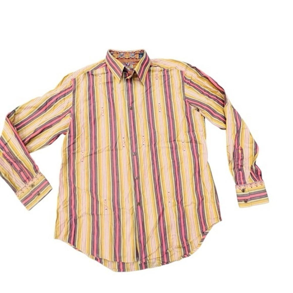 Robert Graham Shirt Men’s Button Up Flip Cuff Striped Large Silk Embroidery